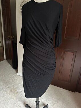 Designer Helmut Lang black side ruched shirred dress with elbow sleeves L (fits
